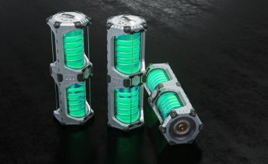 2 SciFi Altıgen Güç Tankı doğrudan üsse ve 1 yanına koyu yeşil yarı saydam silindirler yerleştirilmiş.