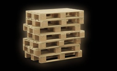 Yedi ahşap palet kötü istiflenmiş siyah bir arka plan