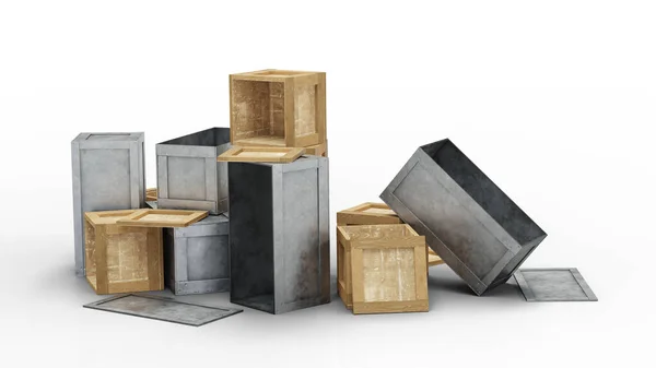 Einige Geöffnete Und Geschlossene Transportboxen Aus Metall Und Holz Auf — Stockfoto