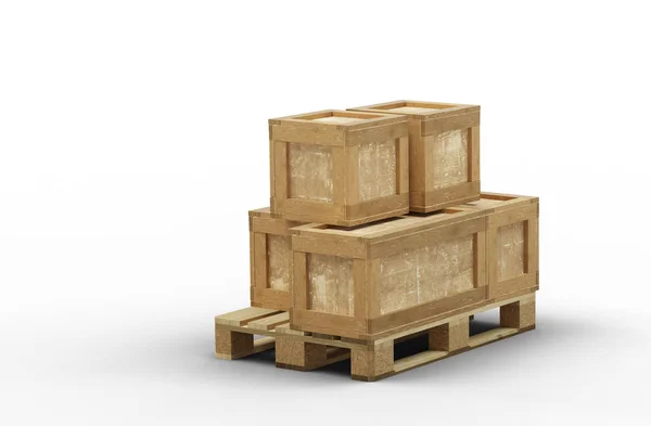 不同尺寸的运输箱堆放在白色背景的木托盘上 — 图库照片