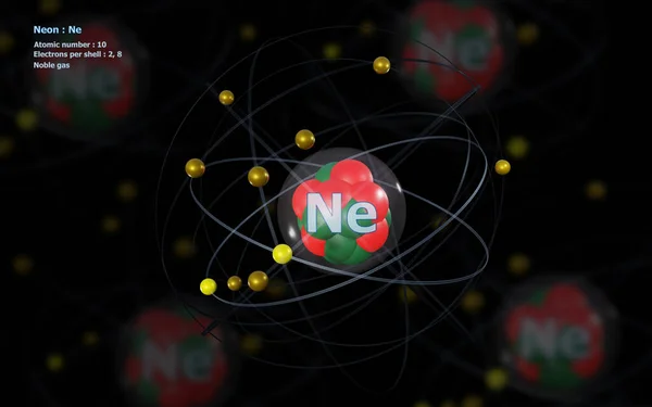 Átomo Neón Con Núcleo Detallado Sus Electrones Con Otros Átomos — Foto de Stock