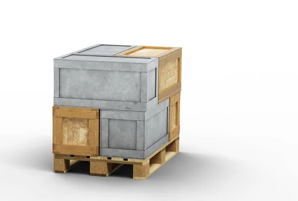 Transportboxen Aus Holz Und Metall Auf Einer Holzpalette Mit Weißem — Stockfoto