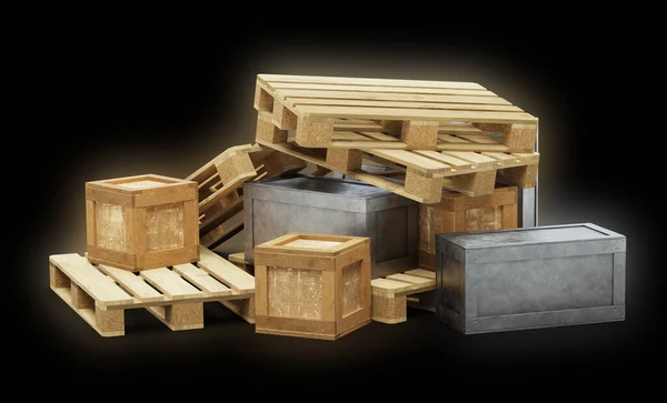 Pallet Legno Scatole Metallo Trasporto Accatastati Disordine Con Uno Sfondo — Foto Stock