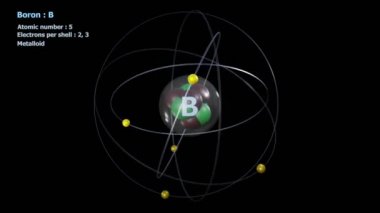Boron 'un Atomu, siyah arkaplanlı ve sonsuz yörüngede 5 Elektron ile birlikte