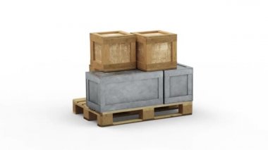 Taşıma metali yüklü bir Palet ve Beyaz Arkaplan üzerinde farklı boyutlarda ahşap kutular ile döngü döndürme