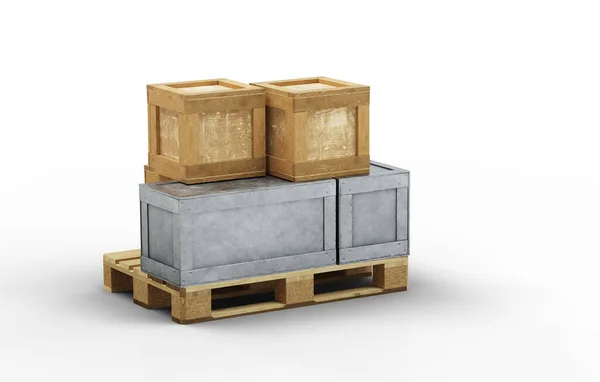 Weinig Metalen Houten Transportdozen Met Verschillende Afmetingen Een Houten Pallet — Stockfoto