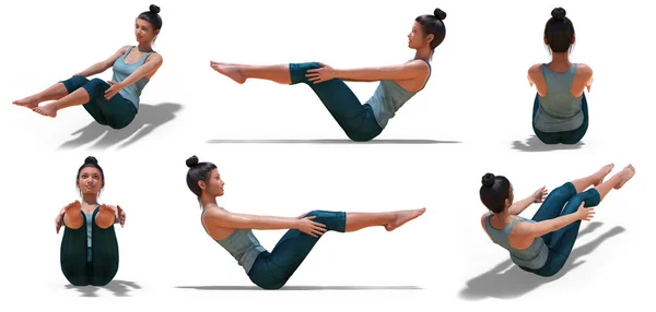 Virtuell Kvinna Yoga Halv Båt Pose Med Vinklar Syn Vit — Stockfoto