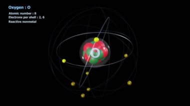 Oksijen Atomu ve sonsuz yörüngede siyah bir arkaplan ile 8 Elektron