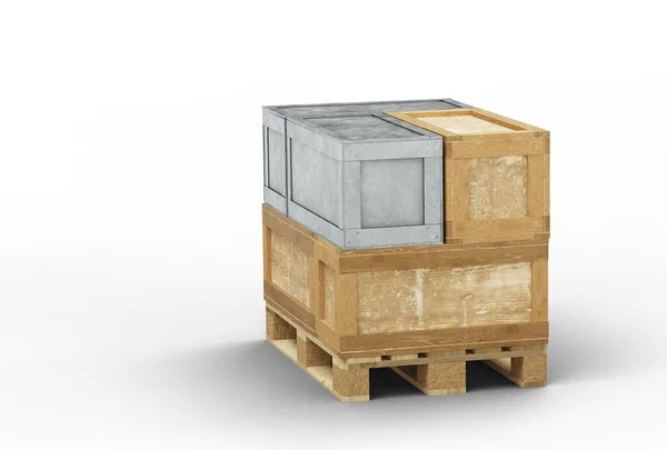 Tahta Metal Taşıma Kutuları Beyaz Arka Planı Olan Bir Paletin — Stok fotoğraf
