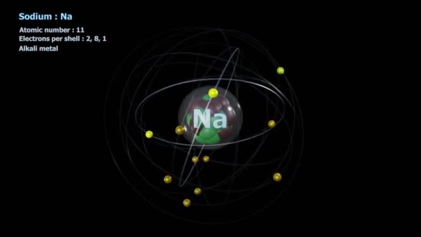 Atom Sodium Electrons Infinite Orbital Rotation Black Background — Stock Video