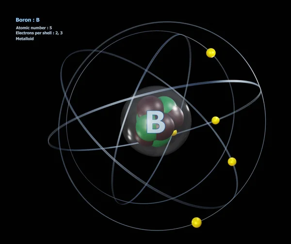 Átomo Boro Con Núcleo Detallado Sus Electrones Con Fondo Negro — Foto de Stock