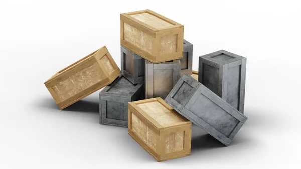 Pět Kovových Čtyři Dřevěné Transportní Boxy Uzavřené Bílým Pozadím — Stock fotografie