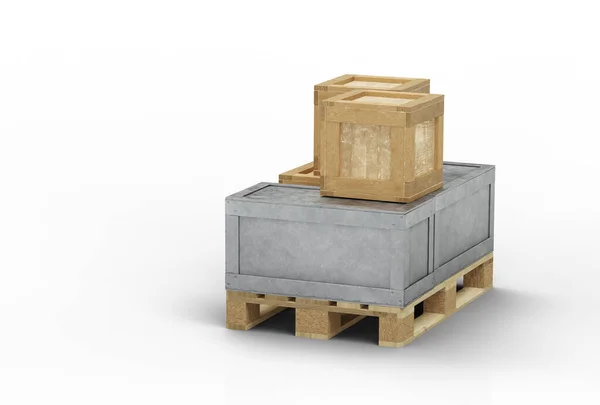 Dřevěné Kovové Přepravní Boxy Různými Velikostmi Naložené Dřevěné Paletě Bílým — Stock fotografie