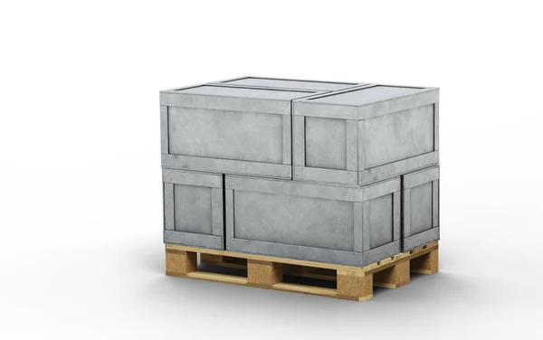 Sechs Transportboxen Aus Metall Auf Einer Holzpalette Mit Weißem Hintergrund — Stockfoto