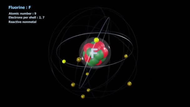 Атом Фтора Электронами Бесконечной Орбитальной Вращения Черным Фоном — стоковое видео