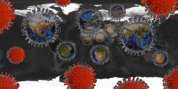 Lots of Coronavirus focused on Black and white Earth map with main pandemic clusters