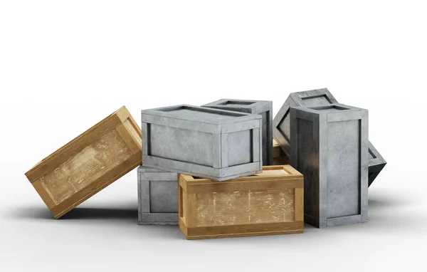 Verschillende Gesloten Metalen Hout Transportbox Chaos Grond Met Een Witte — Stockfoto