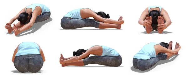 Virtual Woman Yoga Seated Forward Bend Pose Angles View White — Stock Photo, Image