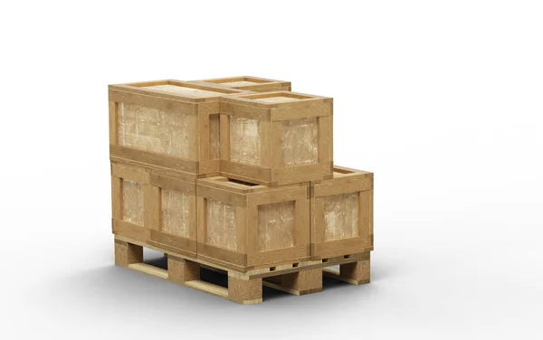 白い背景を持つ輸送ボックスの異なるサイズでロードされた木製のパレット — ストック写真