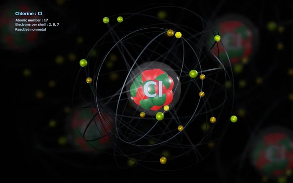 Átomo Cloro Con Núcleo Detallado Sus Electrones Con Átomos Fondo — Foto de Stock