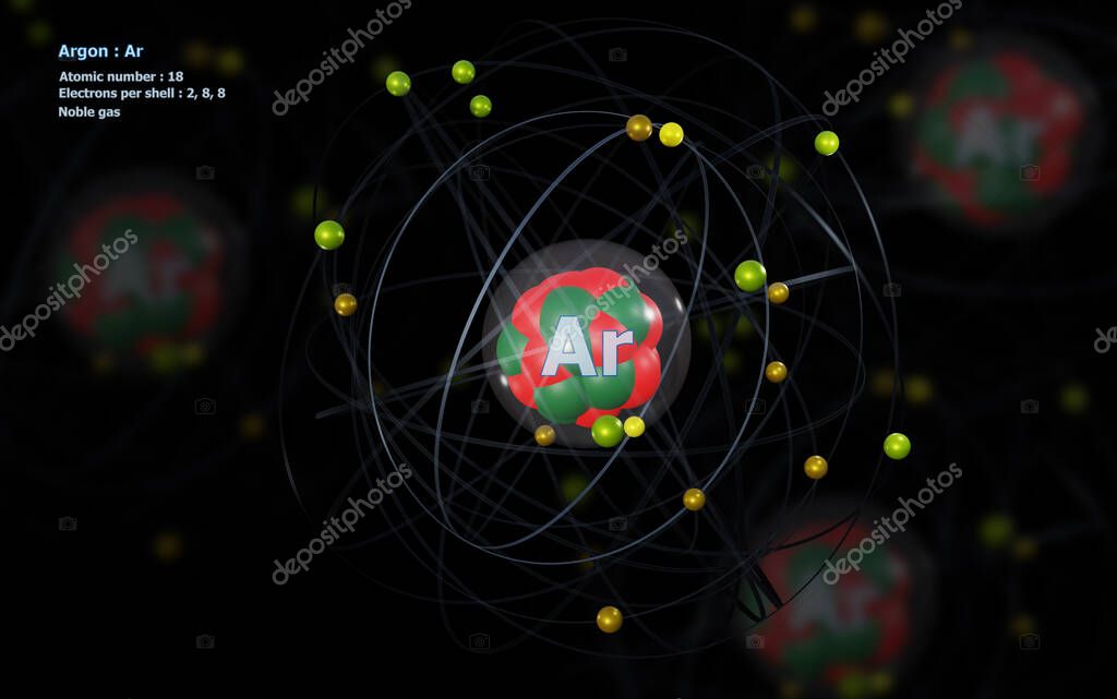Átomo de argón con núcleo detallado y sus 18 electrones con átomos en el  fondo 2023