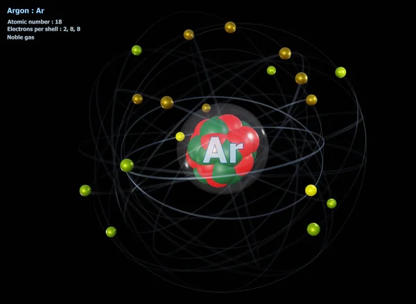 Atom Argon Detailed Core Its Electrons Black Background — Stock Photo, Image