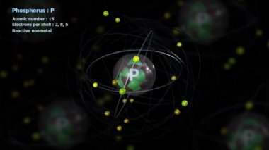 Fosforun atomu, arkaplandaki atomlarla birlikte sonsuz yörüngede 15 elektron ile birlikte.
