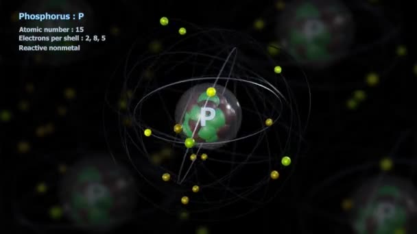 Átomo Fósforo Com Elétrons Rotação Orbital Infinita Com Átomos Fundo — Vídeo de Stock
