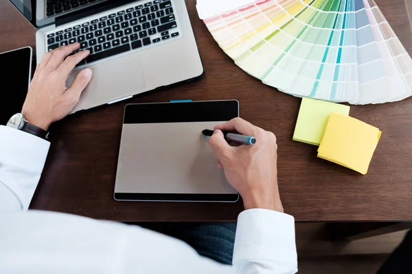 Graphic design and color swatches and pens on a desk. Architectu — Stock Photo, Image