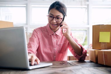 Müşteri siparişlerini denetleme için bilgisayar kullanarak çevrimiçi satıcı sahibi.