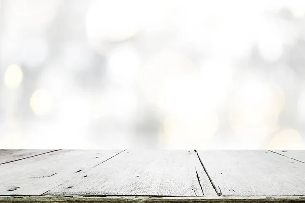 Wood table top on white bokeh abstract background — Stock Photo, Image