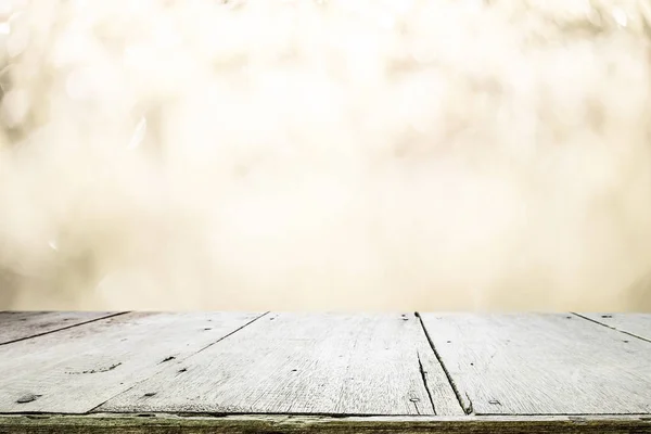 Wood Table Top White Bokeh Abstract Background Used Montage Display — Stock Photo, Image