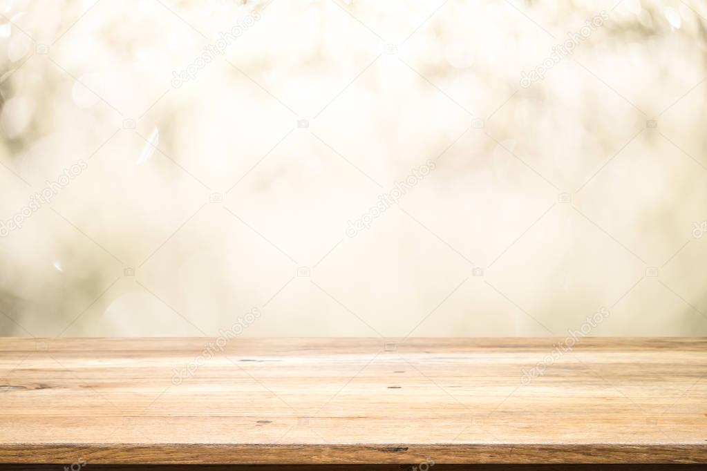 Wood table top on white bokeh abstract background and used for montage or display product