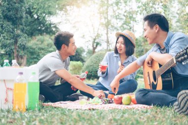 Eğlence genç gençlik grup birlikte parkta piknik. Sakin ol ve boş zaman etkinliği.