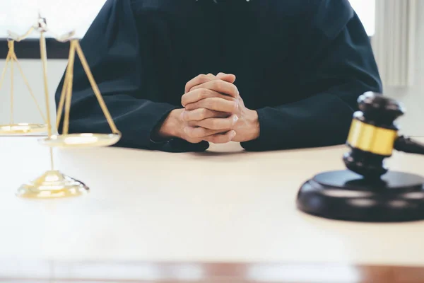 Judge gavel with Justice lawyers working at office. — Stock Photo, Image