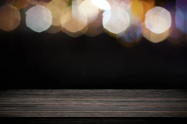 Empty wooden table platform and bokeh at night. — Stock Photo, Image