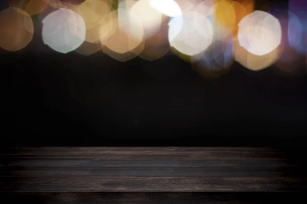 Empty wooden table platform and bokeh at night. — Stock Photo, Image