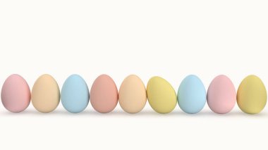 Beyaz arka planda pastel renklerle boyanmış Paskalya yumurtaları. Paskalya arkaplan kavramı - 3d illüstrasyon.