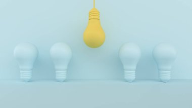 Asgari fikir yaratıcılık ilham konsepti. Mavi pastel arka planda olağanüstü sarı ampul - 3d illüstrasyon.