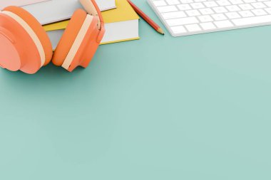 Kulaklıklar ve kitaplar çalışma masasında. Metin eğitimi ya da iş konsepti için arka plan telif alanı. 3B Hazırlama.