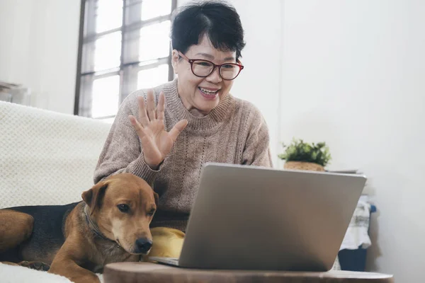 Asian Senior Woman Making Video Call Laptop Waving Screen Chatting — Stock Photo, Image