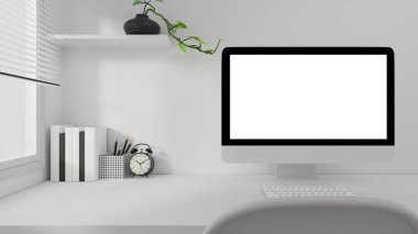 Ofis odasında boş ekran masaüstü bilgisayarı. 3B Hazırlama.