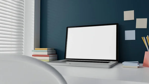 Mockup Bianco Computer Portatile Schermo Bianco Sul Tavolo Lavoro Casa — Foto Stock