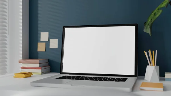 Mockup Bianco Computer Portatile Schermo Bianco Sul Tavolo Lavoro Casa — Foto Stock