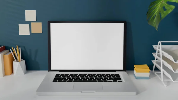 Mockup Blanco Witte Scherm Computer Laptop Werktafel Thuis Kantoor Werkruimte — Stockfoto