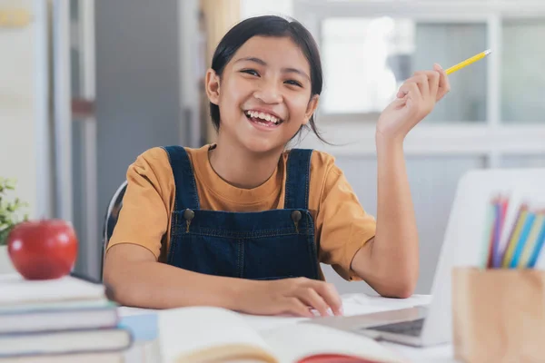 Happy Asian Girl Learning Online Home Education Learning Concept — Stock Photo, Image