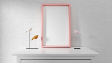 Poster, odadaki duvarda dikey pembe çerçeve ile süslenmiş. 3B görüntüleme. 