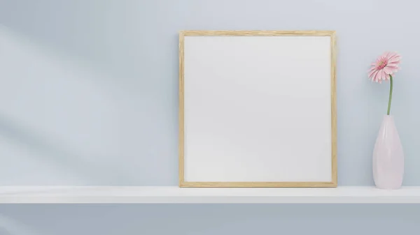 Una Imagen Blanco Marco Cartel Colocados Estante Pared Renderizado — Foto de Stock