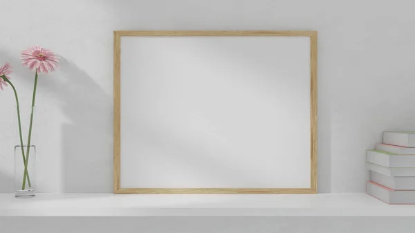 Пустой Рисунок Рамка Плаката Установленная Полке Стене Рендеринг — стоковое фото