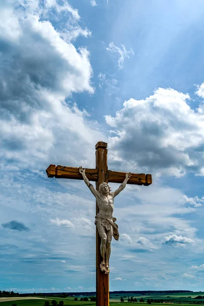 Crucifix Concept Jesus Christ Wooden Cross Dramatic Sky Background Clouds — Stock Photo, Image